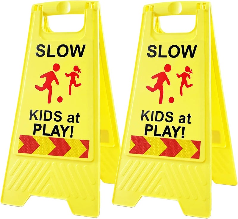 StrLon Slow Kids at Play Signs for Street, Double-Sided Text and Graphics with Reflective Tape, Children at Play Safety Sign for Neighborhoods Schools Park Sidewalk Driveway (2-Pack Yellow) - Image 1